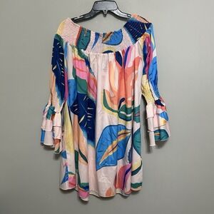 Colorful Womens Blouse L Smocked Flounce Sleeve Silky Off Shoulder Boat Neck Art